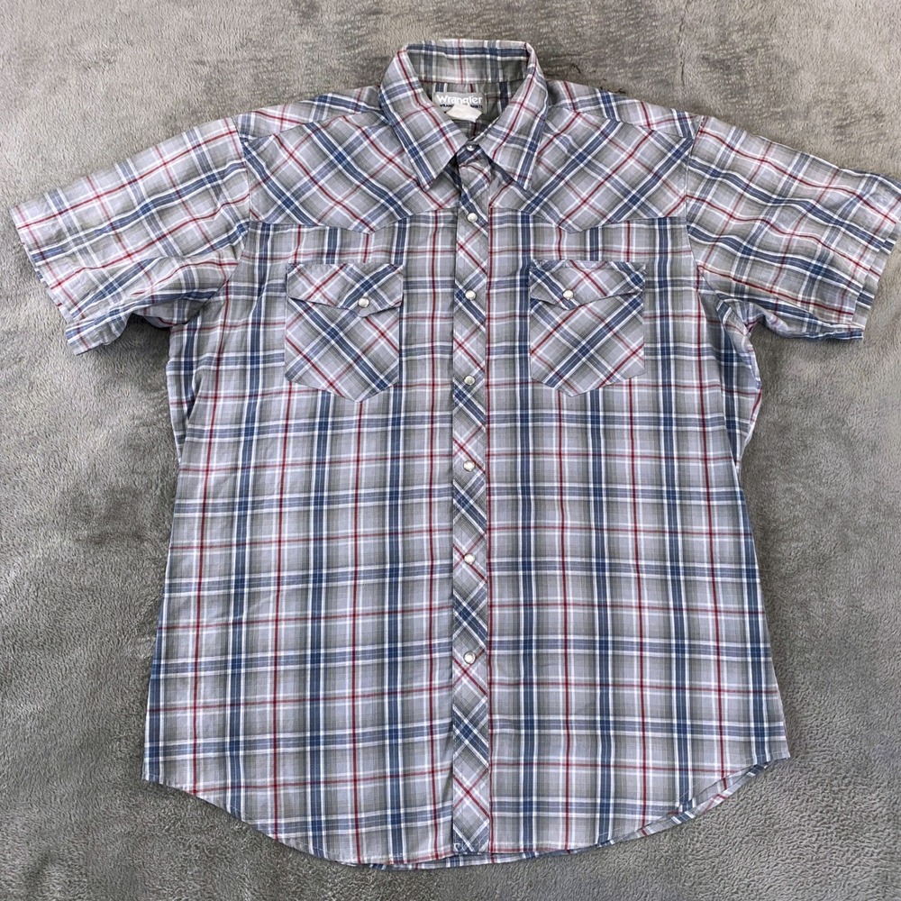 Wrangler Western Shirt Mens L Grey Wrancher Plaid Pearl Snap Short Sleeve Cowboy